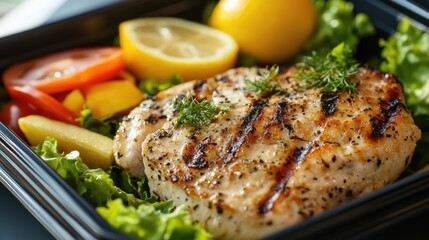 Grilled chicken breast served with fresh vegetables and lemon on a black plate, perfect for healthy meal prep
