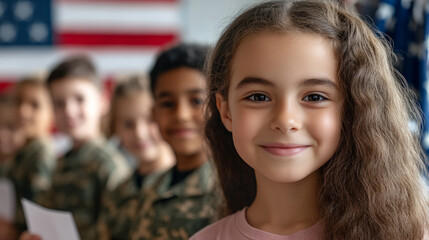 Diverse group of children in uniforms smiling in front of american flag