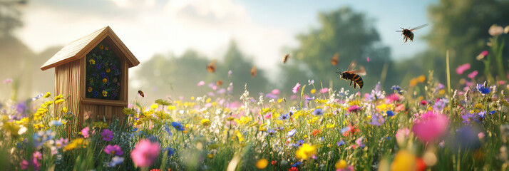 Eine blühende Wildblumenwiese mit einem Insektenhotel. Bienen und Schmetterlinge bestäuben aktiv die bunten Blumen, während weiches Sonnenlicht die Szene erhellt.