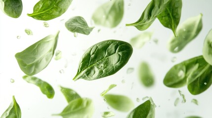 Fresh green spinach leaves falling gracefully against a soft white background, creating a vibrant and refreshing atmosphere