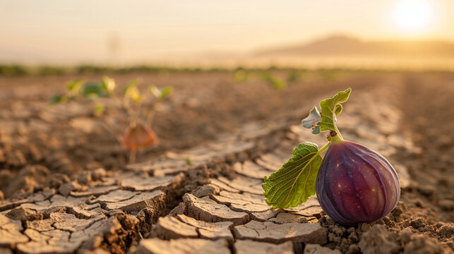 Single fig growing from cracked dry soil near irrigation pipe, drought and sustainability concept