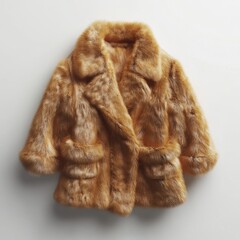 A tan fur coat with a fur collar and pockets
