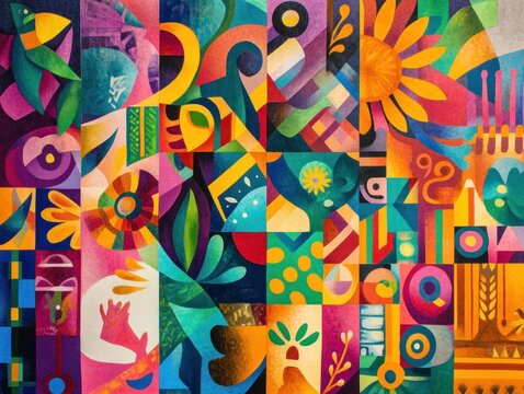 A mural showcasing the embrace of Hispanic traditions, with colorful patterns and figures representing diverse cultures. The vibrant design celebrates heritage and community, bursting with  