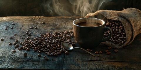 Steaming cup of coffee with roasted beans.