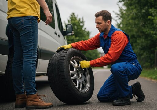 Male mechanic changing tire for female driver on roadside assistance in rural area.