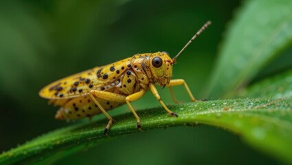 Fototapeta premium Close-Up of a Vibrant Yellow Grasshopper Resting on a Leaf in a Lush Green Environment