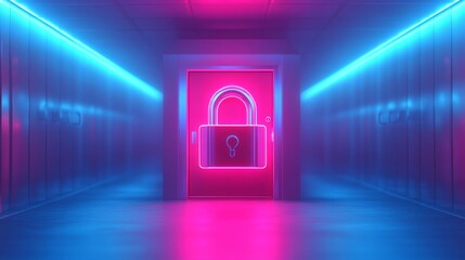 Futuristic digital security hub, vibrant neon lighted space with a central lock symbol, perfect for tech and innovation themes.