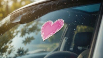 Close-up of Pink Heart Sticker on Car Window with Sunlight and Natural Background