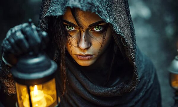 Woman with intense stare in hooded cloak holding sword in dramatic lighting. Concept of courage and fantasy warrior