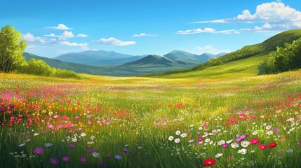 Fototapeta premium bright and cheerful watercolor scene of a blooming meadow in spring, with wildflowers and distant rolling hills