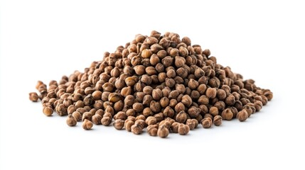 A close-up view of a pile of dried chickpeas on a white background, showcasing their texture and color for culinary use