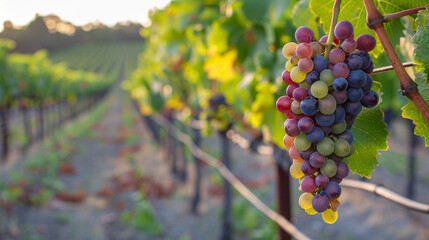 Fototapeta premium Bunch of ripe grapes hanging from vine trellis, sunlit vineyard scene with vibrant green and purple tones