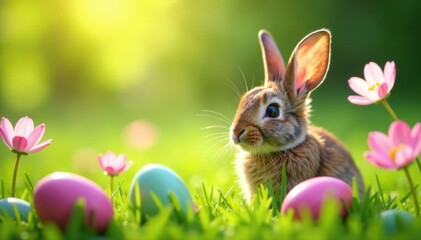 Delicate bunny ears peeking through blooming wildflowers in a lush green meadow with eggs nestled among petals, delicate, easter bunny ears