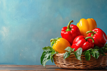 Fresh red and yellow bell peppers arranged in a woven basket. Bright blue background enhances the colorful display. Concept of cooking, healthy eating, organic produce