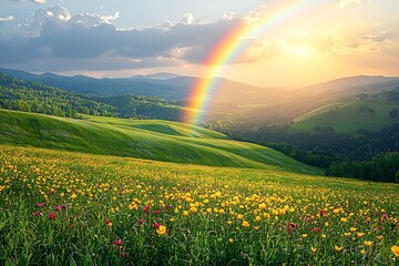 Rainbow Sunset over Flowery Mountain Meadow.