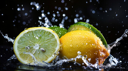 Sliced lemon and lime mid-air with water splash, refreshing citrus concept