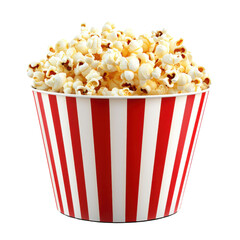 Delicious popcorn overflowing in a red and white striped bucket on a transparent background Concept of movie night, snack time, and comfort food