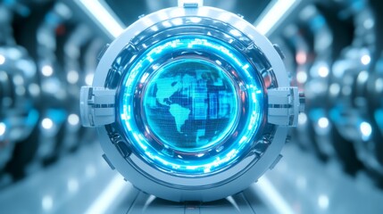 Futuristic digital interface design, glowing blue circular patterns and lines, modern tech backdrop for innovation themes.