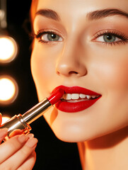 Fototapeta premium A beautiful woman applies vibrant red lipstick illuminated by warm studio lights in a close-up portrait.