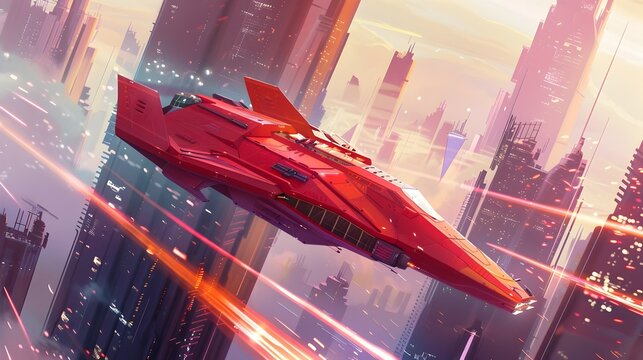 Dominant scarlet spacecraft spearheading a nonconformist group with sharp geometric architecture mesmerizing particle trails and a vibrant chromatic palette  The digital brushwork is expressive