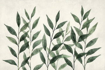 Watercolor illustration of elegant green leaves with soft edges against a neutral background.