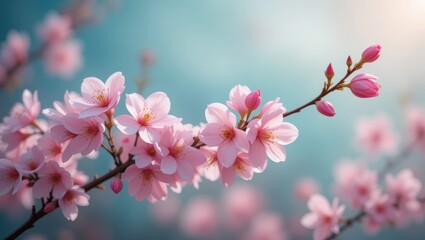 Obraz premium Delicate Pink Cherry Blossom Branch with Soft Focus Background in a Tranquil Spring Setting
