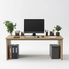 A computer desk with a black monitor, keyboard, mouse