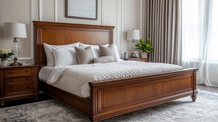 Elegant bedroom features a wooden bed with white linens