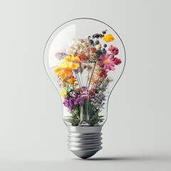 A light bulb is filled with flowers and leaves
