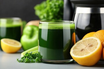 Fototapeta premium Close-up of a vibrant green juice made with fresh kale, showcasing its rich color and healthy ingredients.