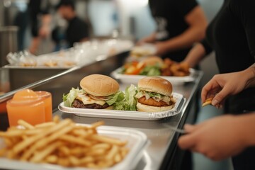 Two burgers, fries, and a drink on a stainless steel counter.