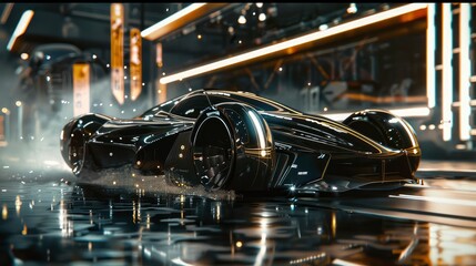 A futuristic car design visualized through photorealistic rendering, emphasizing dynamic lighting and shadow effects, 