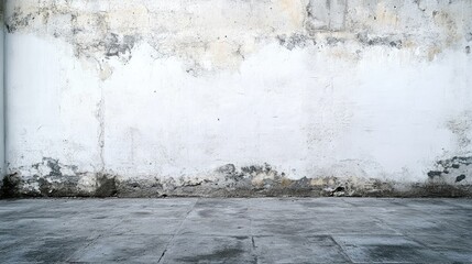 A weathered, cracked white wall with peeling paint and a concrete floor, ideal for background in artistic photography