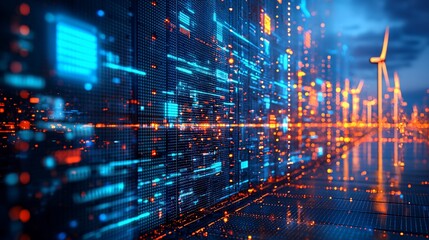 Futuristic digital energy grid with wind turbines.