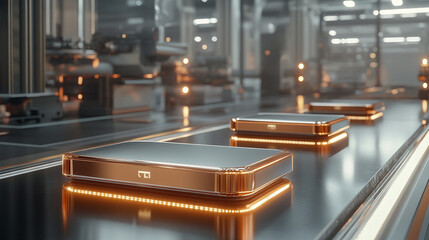 Metallic rectangular objects on a conveyor belt in a factory setting, showcasing a modern industrial design concept, suggesting technological advancement or product display