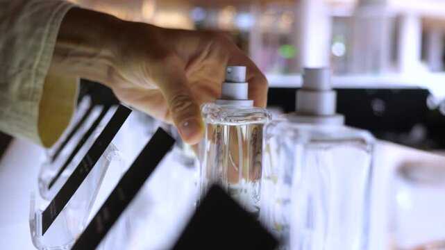 Perfume enthusiast carefully spraying fragrance on blotter, sampling different scents while standing at elegant department store counter, exploring luxurious cosmetic selection