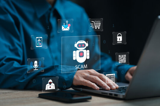 AI,  Artificial Intelligence and Illegal Use concept, Businesswomen deceived by the AI system from scammers, Fake websites, Hacking data from online sales, Voice and face impersonation, Spam, QR code - Powered by Adobe