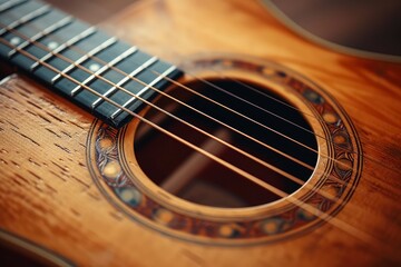 Fototapeta premium Vector illustration of an acoustic guitar, with detailed strings and wood textures, captured in a minimalist yet expressive style, 