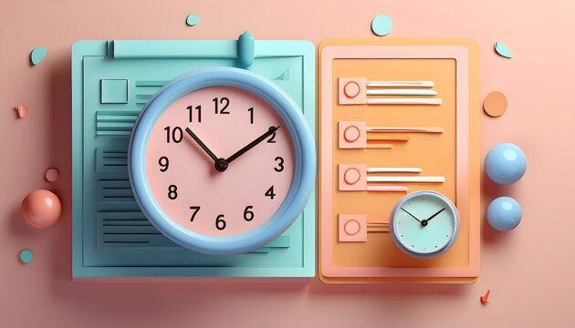 Checklist and a Clock, perfect for Time Management Concepts.Time Management Planning, Organization and Control Concept for Effiecient Succesful and Profitable business. 3D rendering. ADHD Concept.