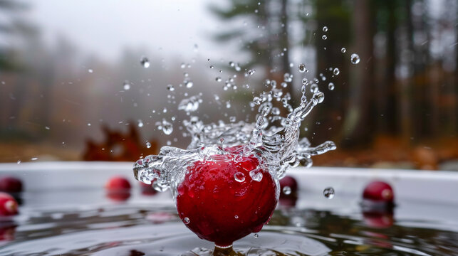 Fresh cranberry splashing into shallow water, clean motion capture with red contrast