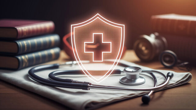 A Digital Shield With a Medical Cross Symbol Rests Gracefully Atop a Stethoscope Laid Out on a Soft Linen Cloth
