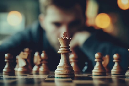 A close-up shot of a person concentrating on a chess game