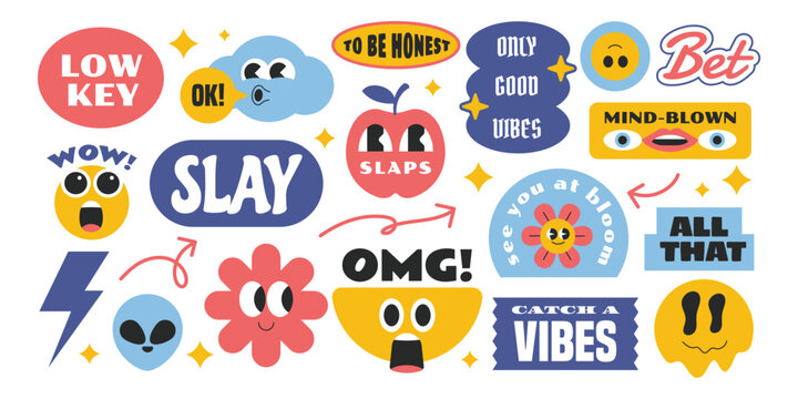 Colorful groovy and trendy stickers with gen z and millenials slang words.  Vintage stickers, patch, badge element with cartoon character.