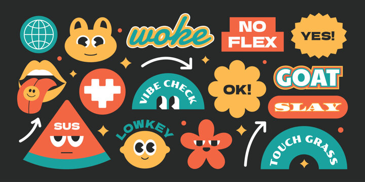Colorful groovy and trendy stickers with gen z and millenials slang words.  Vintage stickers, patch, badge element with cartoon character.