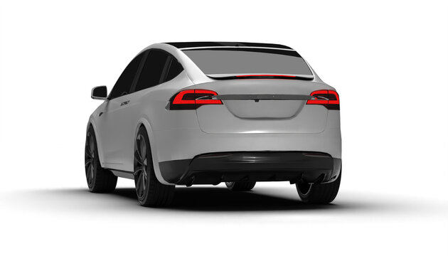 Transparent background, full left-side view of white Tesla Model X displaying its aerodynamic body, minimalist styling, and advanced EV technology in a high-quality 3D render
