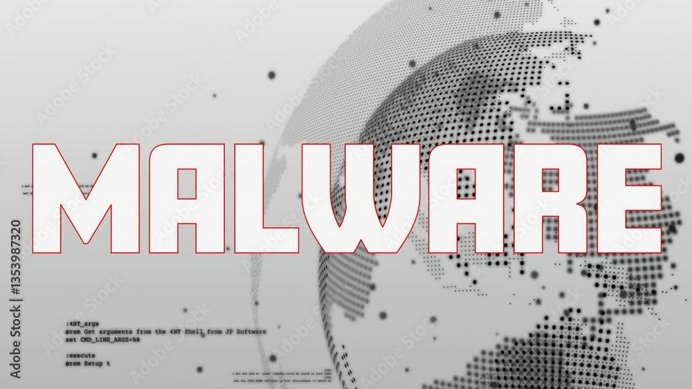 Poster animation of malware text on digital globe with coding elements in background