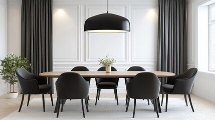 Formal dining room showcasing a table chairs and modern light