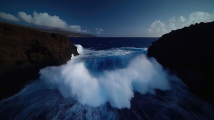 Obraz premium Powerful ocean waves crashing through a rocky archway. Dark volcanic cliffs frame the dramatic scene