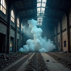 Dense foggy smoke fills the air near a abandoned warehouse, atmosphere, ruined