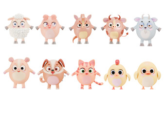 Cute animal casual characters: whimsical cow, sheep, chicken, and more in playful design